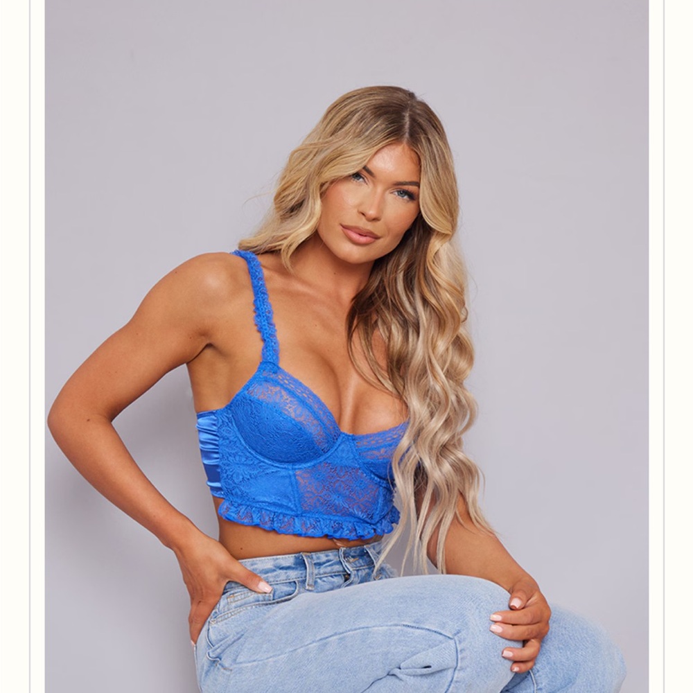 BRIGHT BLUE LACE HOOK AND EYE DETAIL CROP CORSET